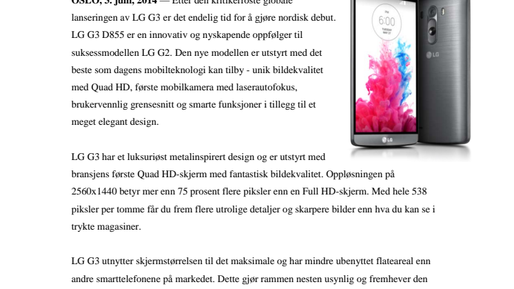 LG LANSERER G3 I NORGE – NESTE NIVÅ INNEN SMARTTELEFONER ER HER