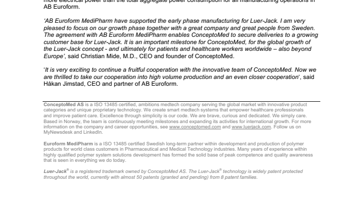 Luer-Jack high-volume production agreement with AB Euroform MediPharm, Sweden