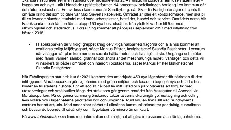 Plats för 450 bostäder i nya Fabriksparken i Sundbyberg