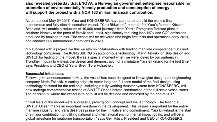 Kongsberg Maritime: Final design of “Yara Birkeland” revealed – model commences testing at SINTEF Ocean