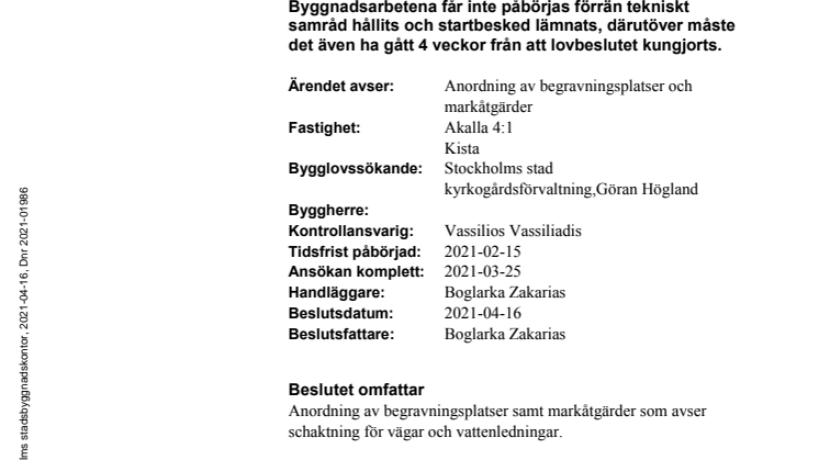 Bygglov för "anordning av begravningsplatser", 16 april 2021