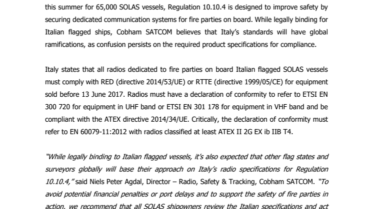 Cobham SATCOM: Italy takes lead on SOLAS fire fighter radio specification