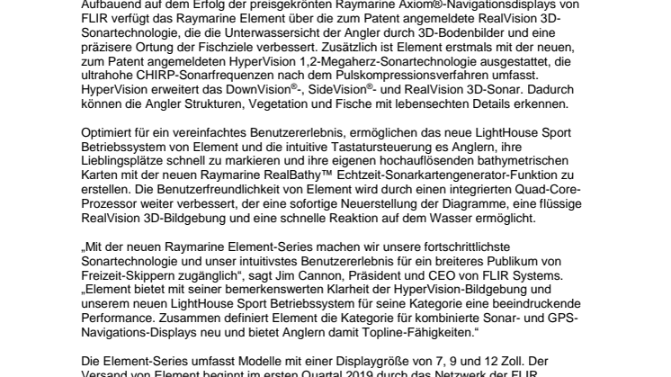 Raymarine: FLIR stellt Raymarine Element-Series mit realitätsgetreuen Sonarbildern vor