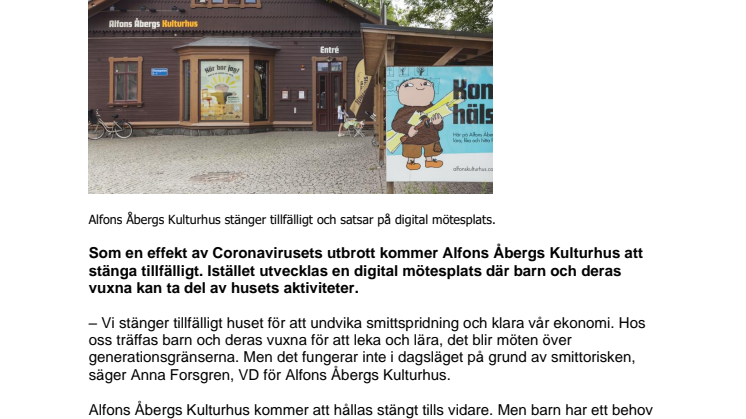 Pressmeddelande Alfons Åbergs Kulturhus tillfälligt stängt
