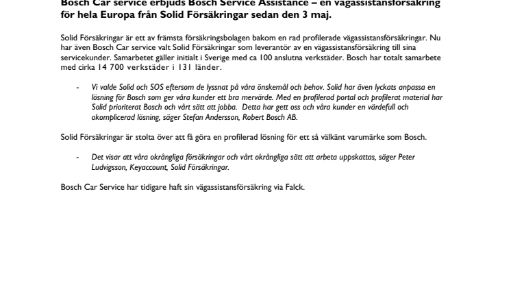 Bosch väljer Solid Försäkringar och SOS för vägassistansförsäkring