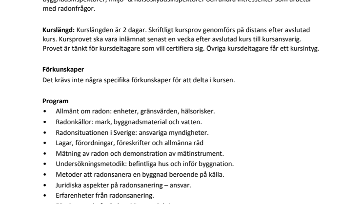 Radonkurs 21-22 maj i Uppsala - Sista anmälninsdag 30 april