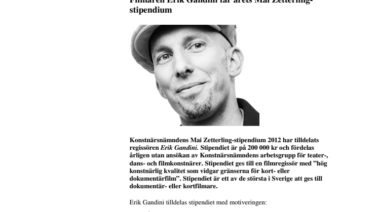 Filmaren Erik Gandini får Mai Zetterlingstipendiet 2012
