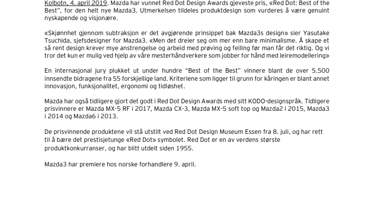Helt nye Mazda3 vinner Red Dot Design Award