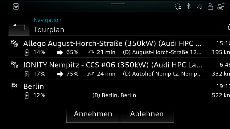 Audi e-tron-ruteplanlægger (MMI turplan)