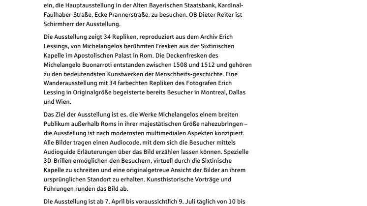 Stadtsparkasse München ist Presenting Partner der Wander-Ausstellung mit Michelangelo-Motiven aus der Sixtinischen Kapelle