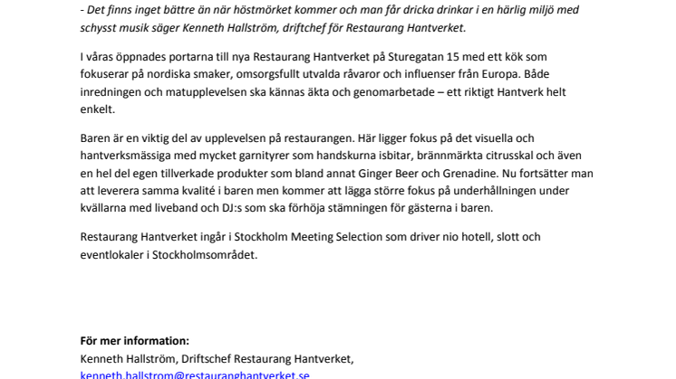 Restaurang Hantverket satsar på barhäng och musik i höst