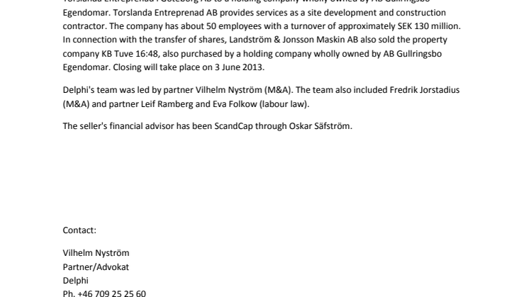 Delphi advisor in the sale of Torslanda Entreprenad AB