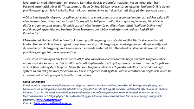 Runelandhs får bättre koll på godset med Unifaun Online