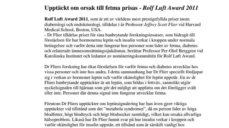 Upptäckt om orsak till fetma prisas 