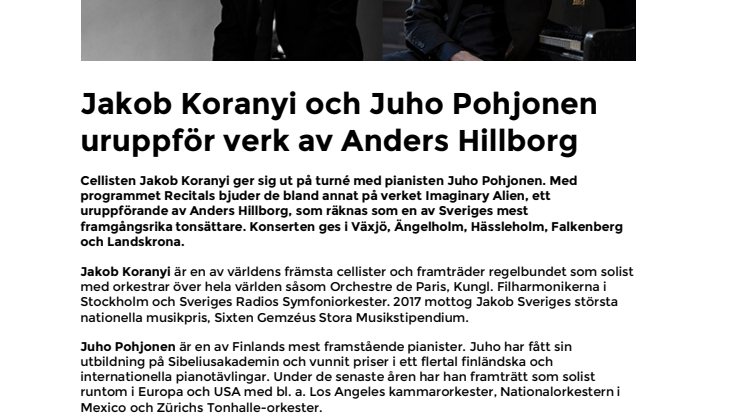 Jakob Koranyi och Juho Pohjonen uruppför verk av Anders Hillborg