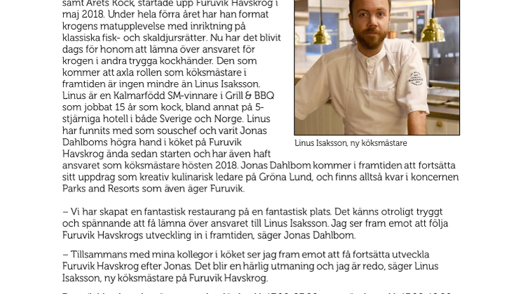 Linus Isaksson ny köksmästare på Furuvik Havskrog
