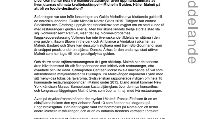 Tre Michelin-stjärnor till Sveriges nya matstad