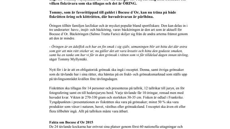 Tommy Myllymäki tävlar med öring i Bocuse d´Or, Kock-VM