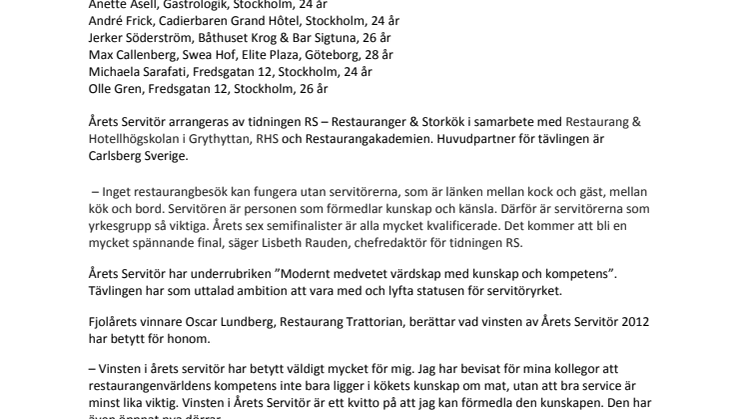 Sex semifinalister klara för Årets Servitör 
