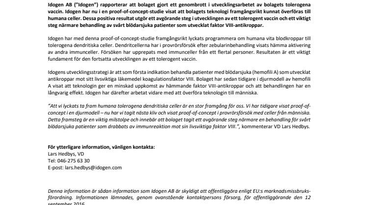 Idogen rapporterar viktigt genombrott – positiva resultat från proof-of-concept-studie i humana celler