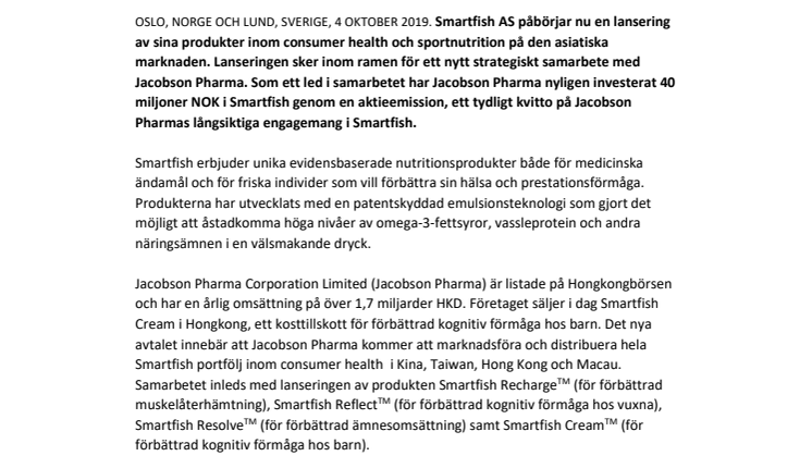 Smartfish lanserar sin produktportfölj inom consumer health i Asien genom ett nytt strategiskt samarbete med Jacobson Pharma