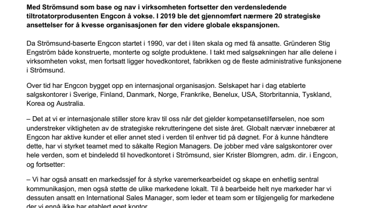 Engcon klar for videre global ekspansjon – rekrutterte 20 nøkkelpersoner i 2019