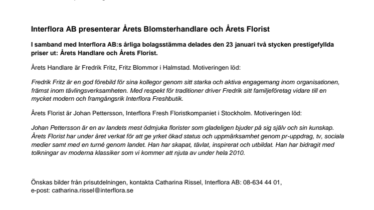 Interflora AB presenterar Årets Blomsterhandlare och Årets Florist