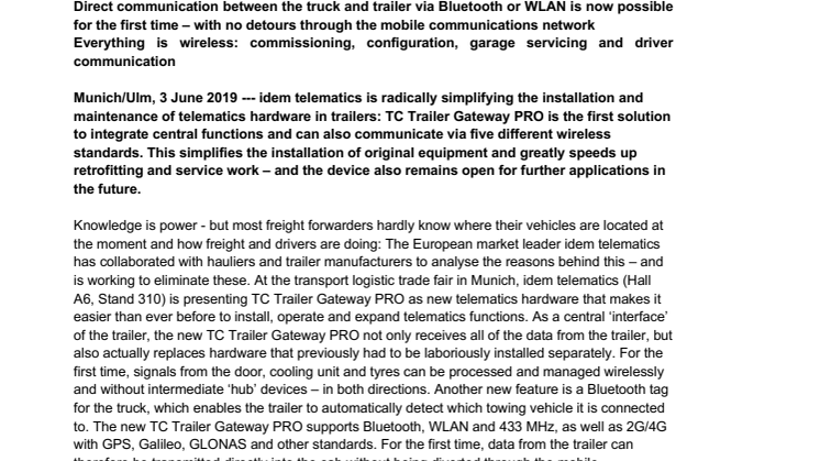 idem telematics is radically simplifying telematics for trailers: new Gateway PRO integrates functions, interfaces and wireless standards 