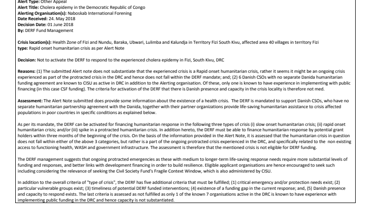 Alert Note, Cholera Epidemy, DRC, (18-006-RO), (Not Activated)
