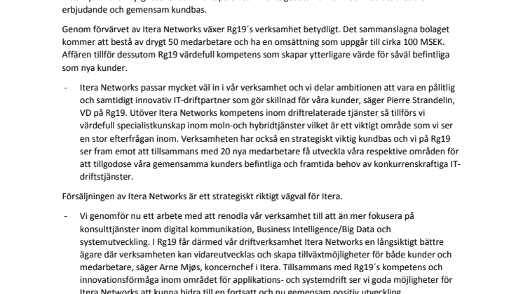Rg19 expanderar genom förvärv av Itera Networks AB