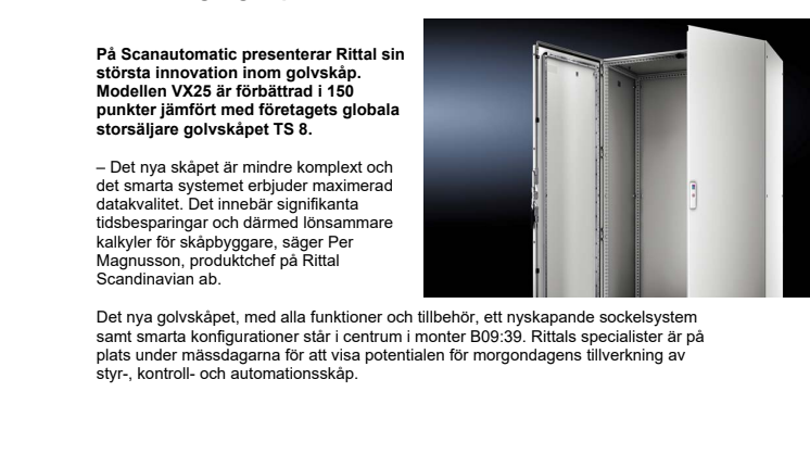 Rittal presenterar innovativt golvskåp för första gången på Scanautomatic