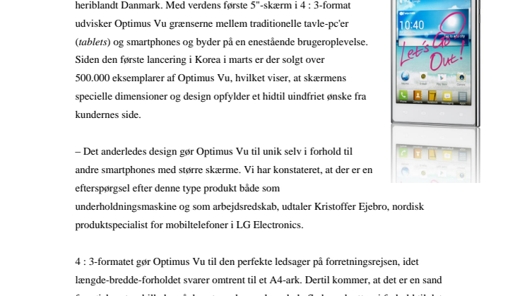 LG OPTIMUS VU – EN UNIK SMARTPHONE KOMMER TIL DANMARK