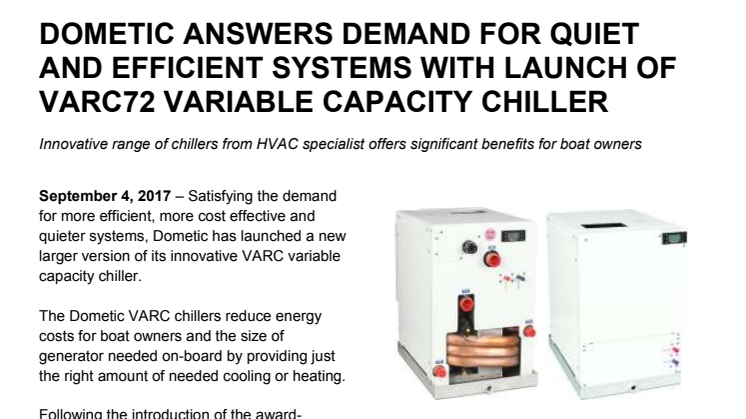 Dometic Answers Demand for Quiet and Efficient Systems with Launch Of VARC72 Variable Capacity Chiller