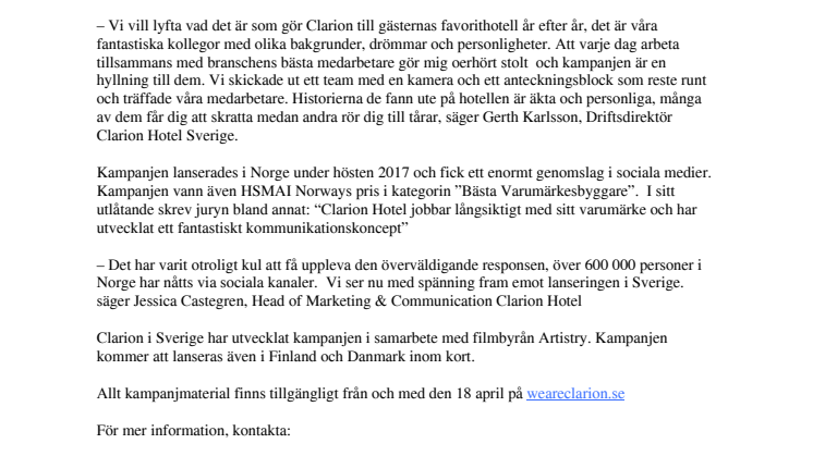 Clarion Hotel hyllar sina medarbetare i ny kampanj