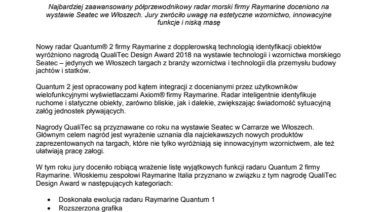 Raymarine: Quantum® 2 laureatem nagrody QualiTec Design Award 2018 