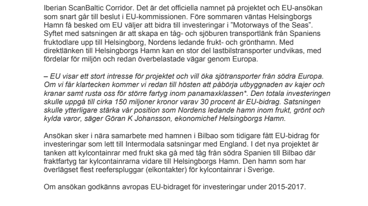 Helsingborgs Hamn ansöker om EU-bidrag till investeringar för ökade frukttransporter till sjöss