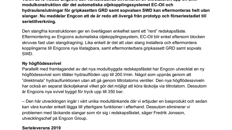Engcons slanglösa modulsystem och högflödessvivel är klara för serieleverans – gör tiltrotatorn lättare, mer servicevänlig och tillåter högre flöden