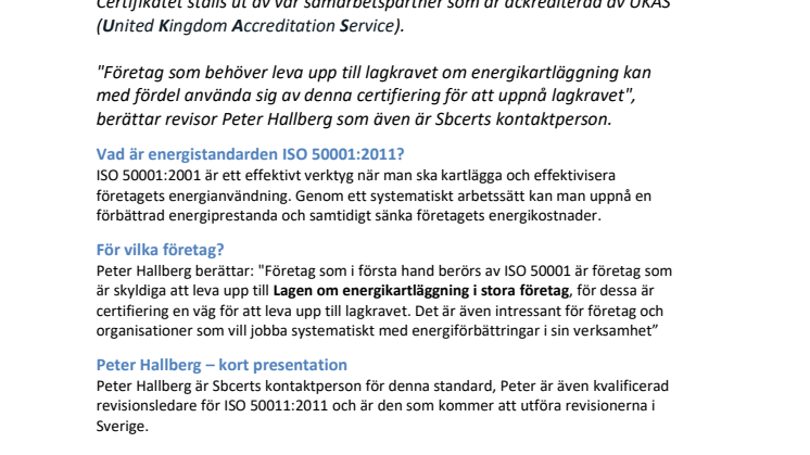 Sbcert certifierar mot energistandarden 50001:2011