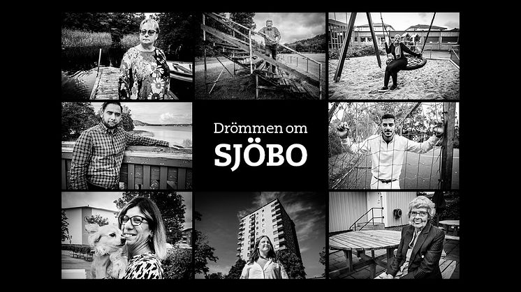 Övre raden Ann-Mari Hagström, Göran Svan och Rumesa Hamed. Mittenraden Taimur Khan och Omar Alhasson. Undre raden Samar Hanna, Linnéa Wilhelmson och Marjatta Nerman. I fotoutställningen delar de med sig av sina berättelser och drömmar om Sjöbo.