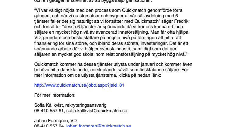 Quickmatch rekryterar innesäljare till GAEU.