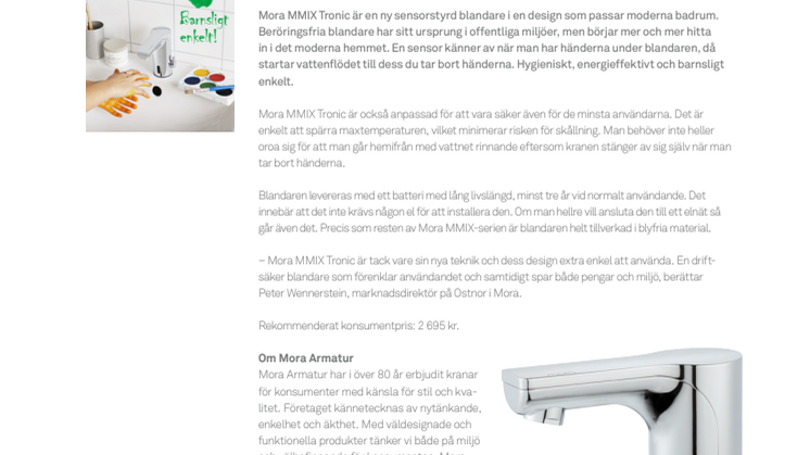 Barnsligt enkelt med ny sensorblandare från Mora Armatur