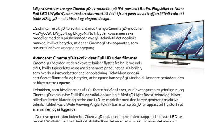 Nano Full LED-TV med Cinema 3D fra LG giver uovertruffen billedkvalitet