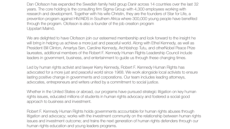 Sigma founder Dan Olofsson joins the Leadership Council of Robert F. Kennedy Human Rights