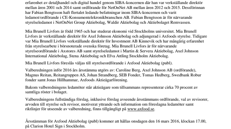 Valberedningens förslag till styrelse i Axfood Aktiebolag (publ)