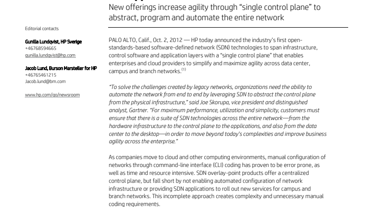 HP Advances Software-defined Networks with Integrated Infrastructure, Controller and Application Solutions
