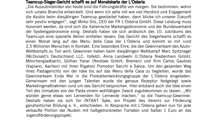 Systemgastronomie-Nachwuchs kreiert Pasta für L’Osteria Monatskarte 