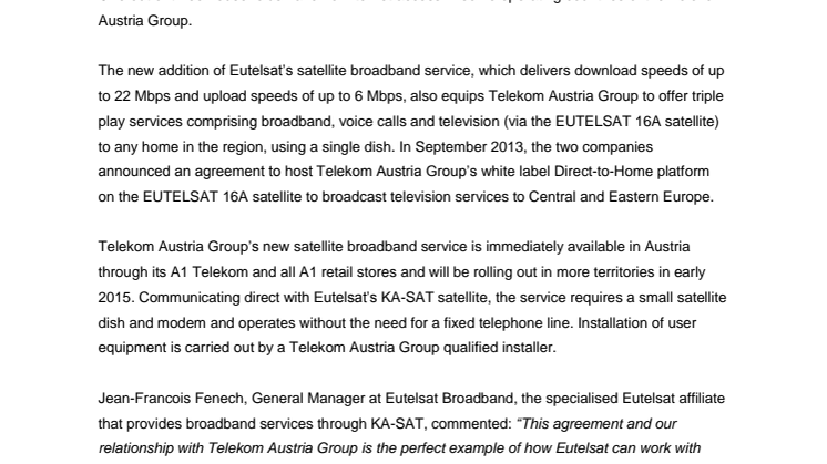 Telekom Austria Group takes relationship with Eutelsat beyond TV to high-speed satellite broadband