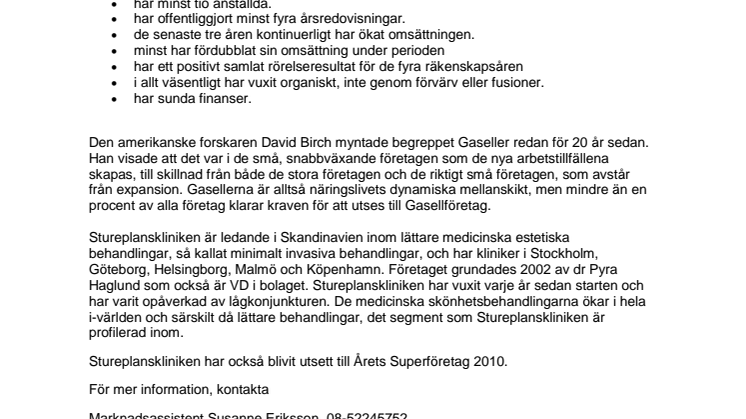 Stureplanskliniken utnämnt till Gasellföretag 2010 av Dagens Industri