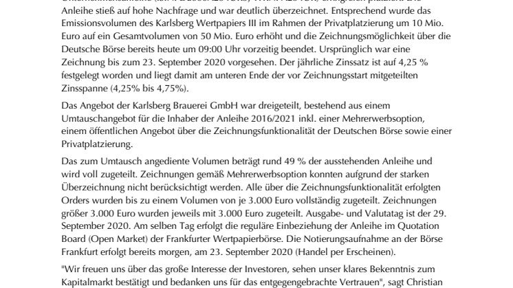 Karlsberg Brauerei: Neue Anleihe 2020/2025 erfolgreich platziert