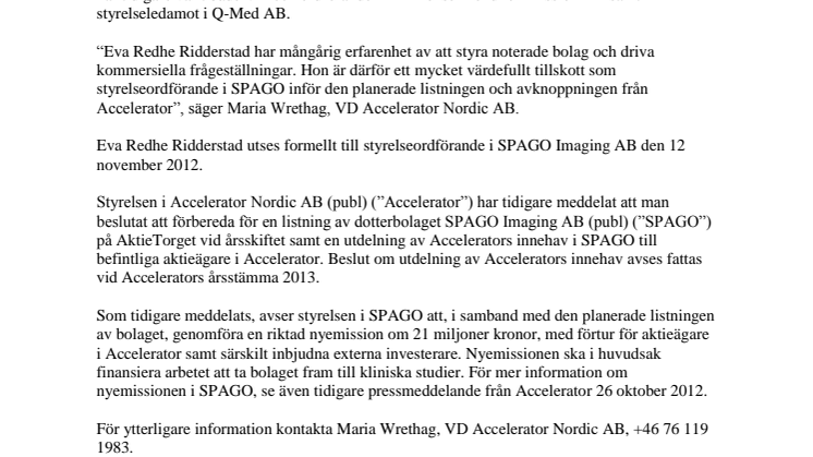 SPAGO Imaging utser Eva Redhe Ridderstad till styrelseordförande